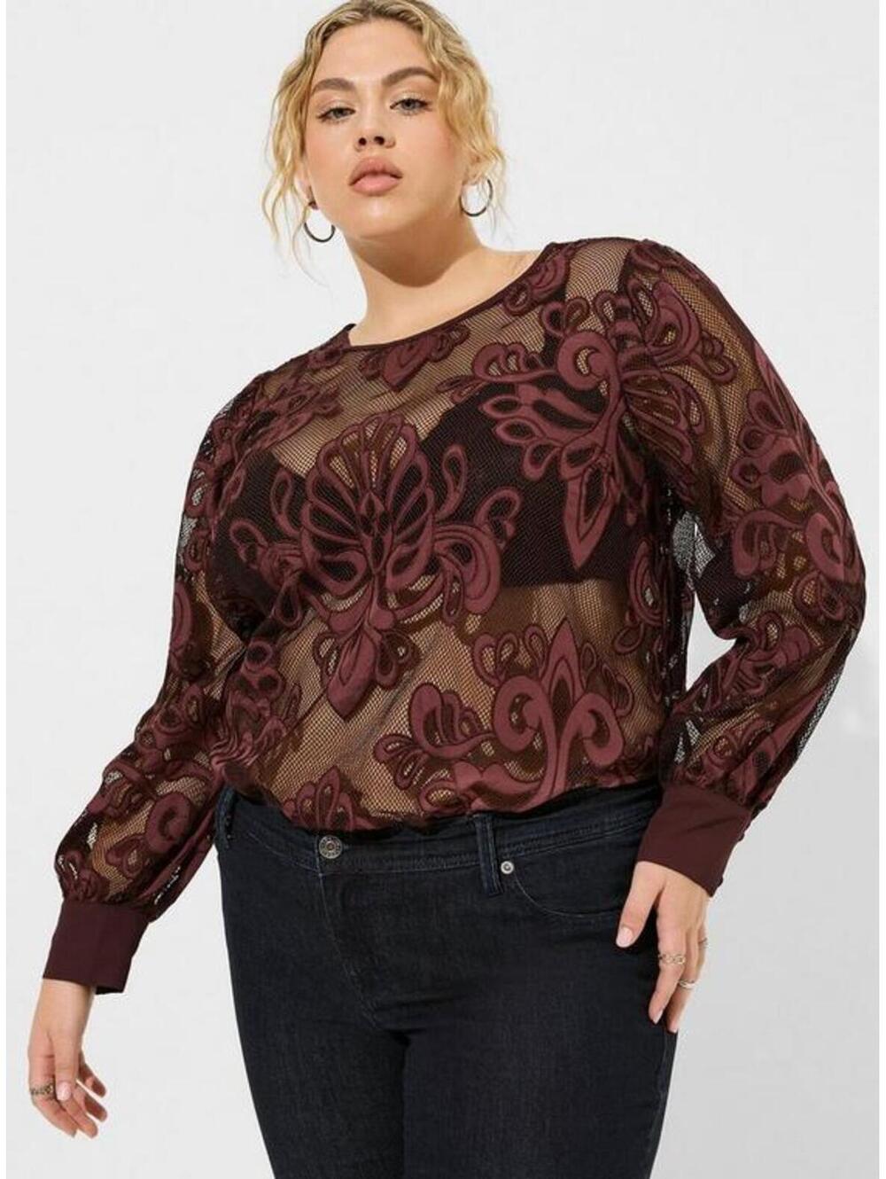 Torrid Mesh w/ Embroidery Long Sleeve Blouse
